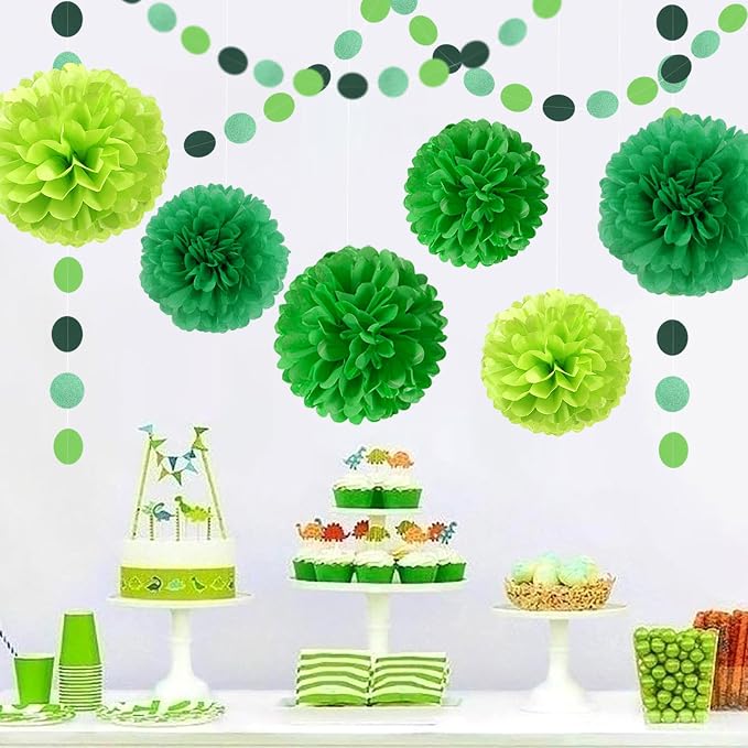 Green Party Decorations Tissue Pom-Poms - 23pcs St Patricks Day Paper Flowers Streamers,Spring Summer Wedding Engagement Tassel Garland Banner,Birthday Baby Bridal Shower Decor Ouruola