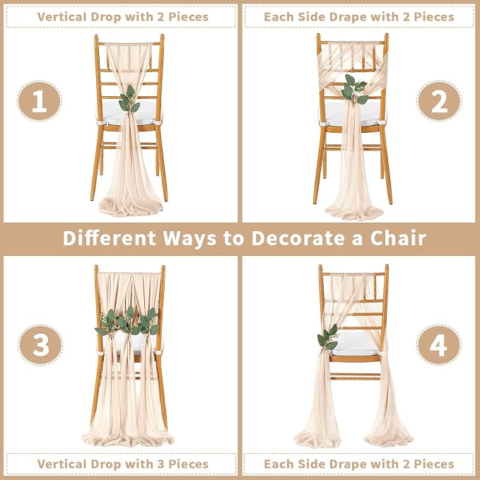 QueenDream Sheer Fabric Wedding Chair Sashes: 36PCS Tulle Church Chair Cover Long Chairs Bows Aisle Drapes Party Decorations Champagne