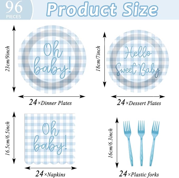96PCS Blue Baby Shower Decorations Blue Plaid Paper Plates Scalloped Napkin Plaid Tableware Set Hello Sweet Boy Disposable Dinnerware Party Favors for Gender Reveal Birthday Party Supplies