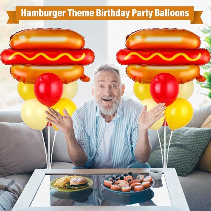 Hot Dog Party Balloons Stand Kit 2 Sets with 2 Food Shaped Foil Balloons Picnic Burger Themed Balloon Centerpiece for Tables for BBQ Birthday Party Supplies Baby Shower Hot Dog Themed Decorations