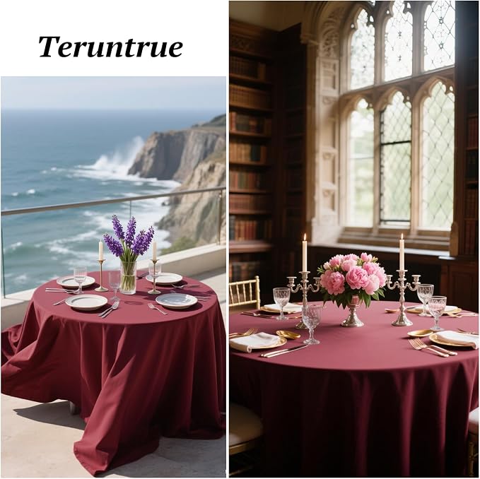 Teruntrue 12 Packs Burgundy Round Tablecloths 90 inch Round Table Cloth, Washable Polyester Fabric for Wedding Parties Banquet Holiday Dinner Table Decorative, Burgundy