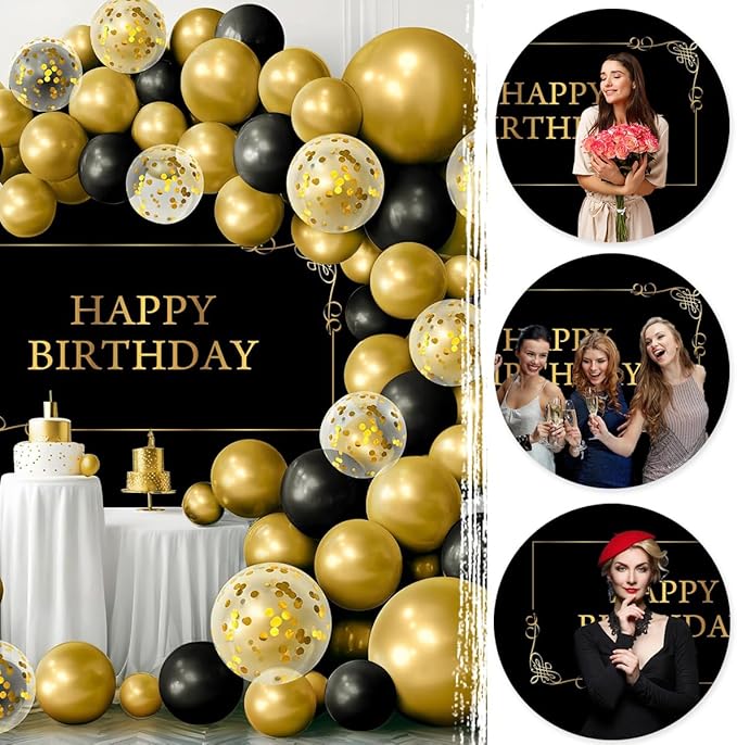 YongFoto Happy Birthday Backdrop 10x8ft Royal Black Gold Nordic Style Photography Background Kids Adult Birthday Party Cake Table Banner Decorations Photoshoot Portraits Photo Studio Booth Props