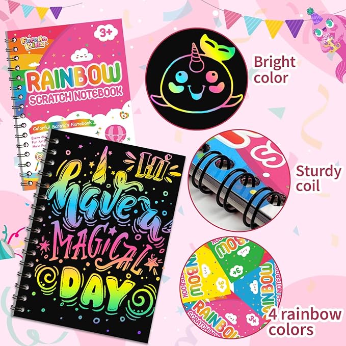 Scratch Paper Art Party Favors for Kids: 4 Pack Rainbow Scratch Notebook, Goodie Bags Stuffers Coloring Books Party Favors for Kids 3-12, Bulk Classroom Birthday Gifts for Student
