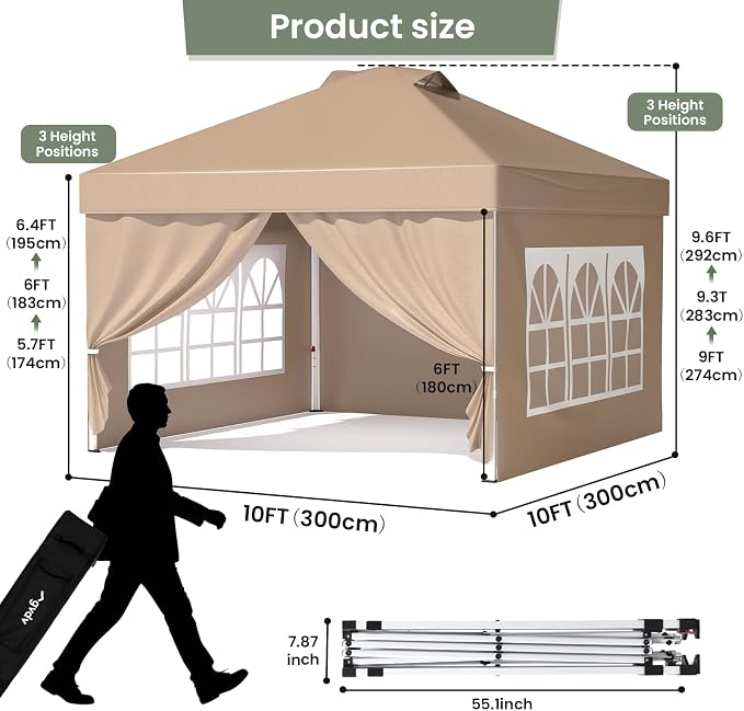 GVDV 10x10 Pop Up Canopy Tent with 4 Sidewalls, Beach Tent with One Push Setup, Outdoor Sun Shade for Events, Parties, Camping - Gazebo with Wheelbag, Khaki, CP23 B