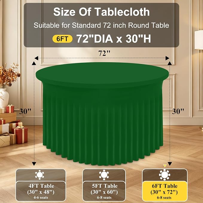 Smiry Round Spandex Tablecloth, Elastic Fitted Washable Tablecloths for 72 Round Tables, Waterpoof Stretch Table Cover Skirt for Outdoor, Wedding, Banquet & Parties, Emerald Green