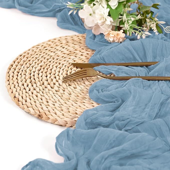 8 Pack Dusty Blue Cheesecloth Table Runner 10FT Dusty Blue Boho Gauze Cheese Cloth Table Runner Rustic Sheer Fabric Table Runners for Wedding Bridal Shower Baby Shower Party(21.5×120 Inch)