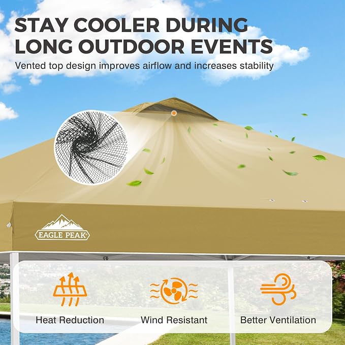 EAGLE PEAK Pop Up Canopy Tent with Wheeled Carry Bag, 8 Stakes, 4 Ropes, 4 Weight Bags, Easy Set Up Tent Canopy, 10x10 ft, 100sqft of Shade, Beige