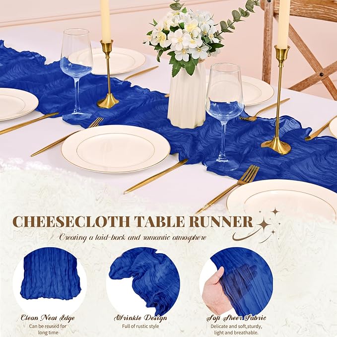 Pesonlook 12 Pack Royal Blue Table Runner, Cheesecloth Table Runner Long Romantic Semi Sheer Rustic Boho Gauze Table Runners for Wedding Bridal Shower Birthday Party Decorations(17.7×108 Inch)
