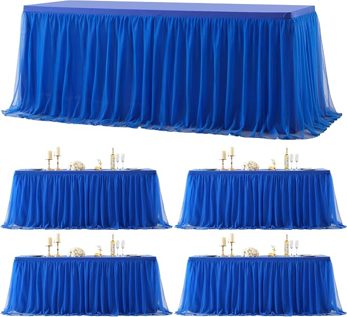 4 Pack 6ft Royal Blue Tulle Tablecloths for Rectangle Tables, 6 Foot Rectangular Table Cloth Wrinkle Free Tablecover with Tutu Skirt for Baby Shower Wedding Birthday Party Banquet Buffet Cake