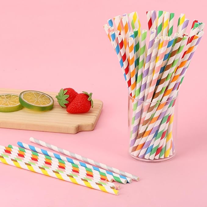 200Pcs Biodegradable Straws, 10 Colors Striped Paper Straws, Disposable Drinking Straws for Cocktail, Coffee, Lemonade