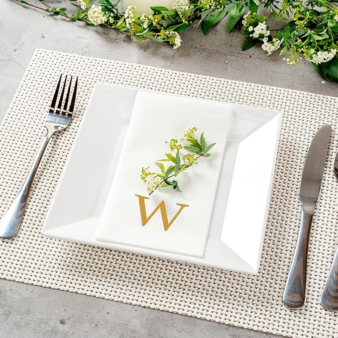 Luxenap 15.8 X 7.9 Inch Linen-Feel Guest Towels, 2000 Lettered Hand Towels - Gold Letter 'W', Sans Serif Font, White Paper Dinner Napkins, airlaid, For Restrooms And Tables