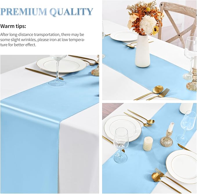24 Pack Light Blue Satin Table Runners 12 x 108 Inch Long Sky Blue Table Runners for Rectangle Round Tables, Smooth Satin Table Runner for Wedding,Birthday Party Banquets Engagements Decoration