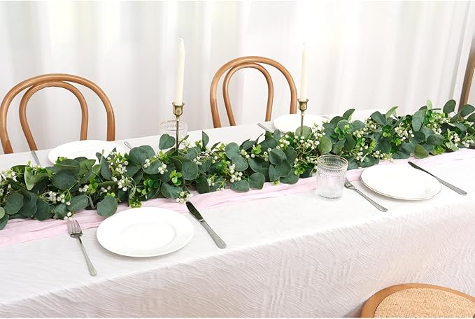 SOMYTING Eucalyptus Garland, 2 Packs 5.9FT Greenery Garland with Gypsophila Flowers Artificial Faux Silver Dollar Eucalyptus Leaves Fake Vines for Indoor Outdoor Table Mantle Home Party Wedding Decor
