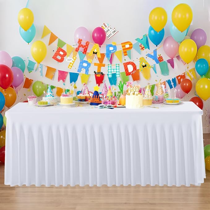 3 Pack White Spandex Table Clothes for 6 Foot Rectangle Tables, Fitted Stretch Table Cover 6ft White Spandex Tablecloths with Table Skirt for Weddings Birthday Parties Banquet Baby Shower
