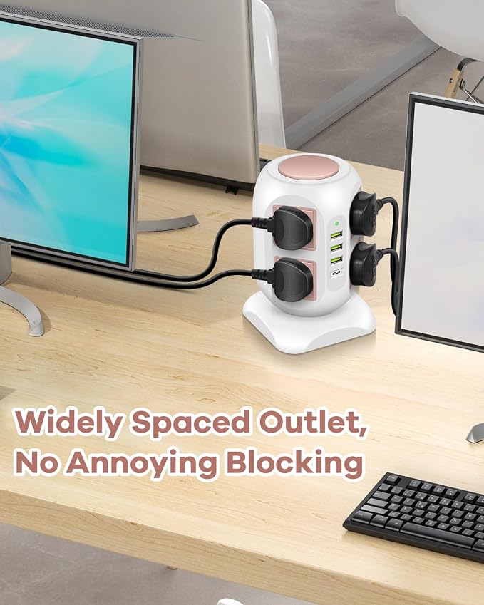 Rose Gold Power Strip Desk Accessories for Women, Girls - Flat Plug Outlet Extender (8 Outlet 4 USB Port) - 10FT Extension Cord Tower Surge Protector - USB C Charging Station - Home Office Room Decor