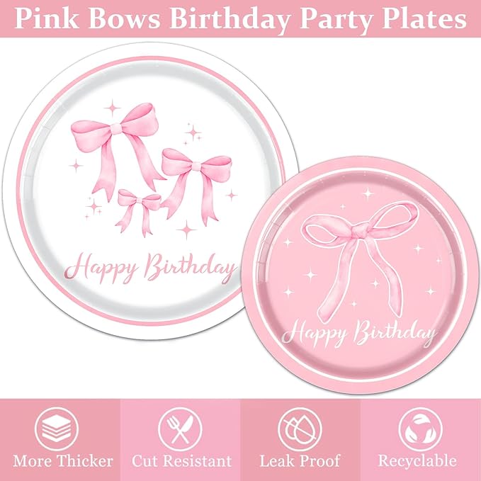 Pink Bow Birthday Party Supplies Serve 24, Coquette Birthday Decorations Include Bow Plates Napkins Cups Banner Tablecloth Cake Topper Balloons Bow Theme Tableware for Girls Bachelorette Decor