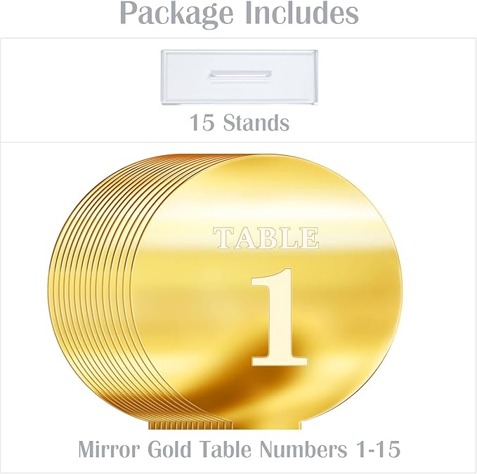 Acrylic Wedding Table Numbers 1-15 with Stands,4.8"Round Mirror Gold Table Number Signs and Holders for Wedding Reception, Party, Event, Centerpiece Decoration