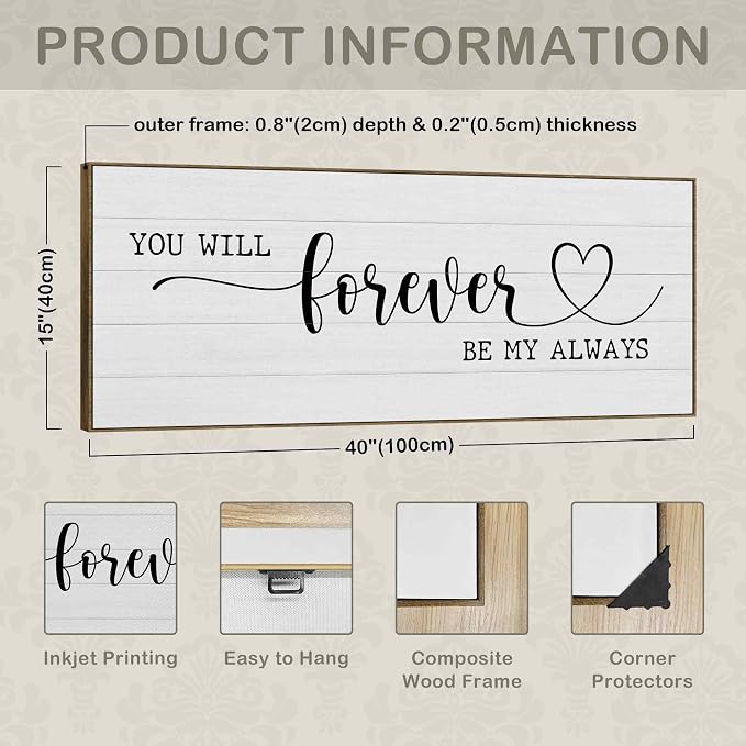 TLESKE You Will Forever Be My Always Sign Large Wall Art Decor Framed 15x40, Above Bed Over Bed Canvas Wall Art Decor Print for Couples Bedroom Living Room, Rustic Bedroom Love Signs Wall Picture