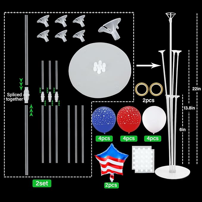 4th of July Balloons Stand Kit 2 Sets with 2 America Flag Star Foil Balloon Patriotic Red White and Blue Party Balloon Centerpiece for Tables for 250th Anniversary Independence Day Party Decorations