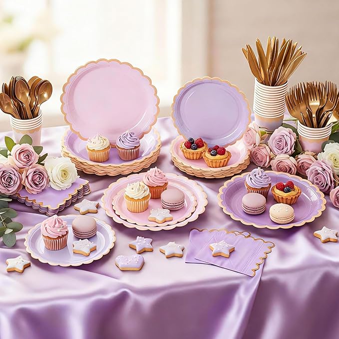Mimorou 338 Pcs Purple Plates and Napkins Party Supplies for Guests Lavender Tableware Include Scalloped Plates Paper Napkin Cup Spoon Fork Knife for Baby Shower, Wedding, Birthday