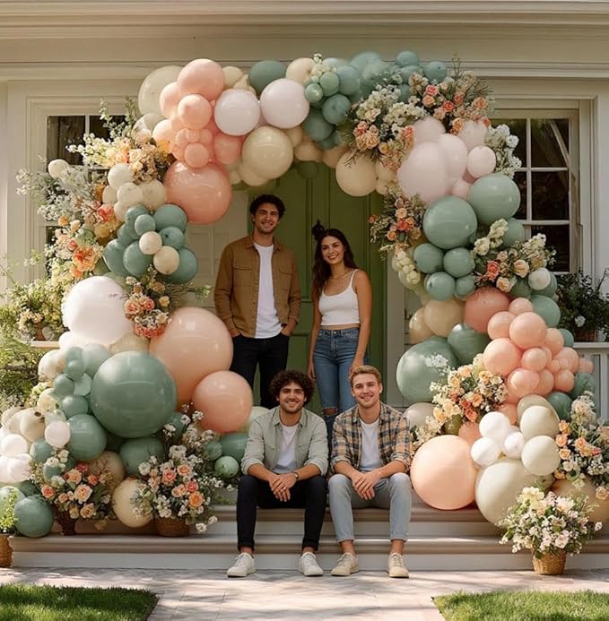 Dusty Green Pink Balloon Garland Double Stuffed Blush Pink Cream Sage Green Peach Sand White Balloon Arch Kit for Baby Bridal Shower Wedding Birthday Spring Party Decoration