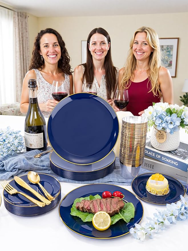 WDF 150pcs Blue plastic Plates - Navy Blue Plates Disposable - 25guest Disposable Dinnerware Sets for Party/Wedding/Birthday/Graduation