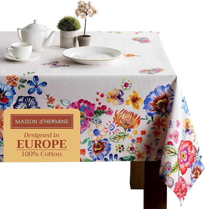 Maison d' Hermine Table Cloth Rectangle Table 100% Cotton 70 x 108 Inches Tablecloth Reusable Decorative for Dining Kitchen Room Farmhouse Party Home Hotel Spring Summer - Happy Florals - High Summer