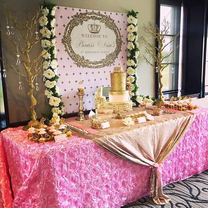Fanqisi Pink Rosette Tablecloth 50x80 Inches Wholesale Rectangle Table Cover Rosette 3D Satin Tablecloth for Dinner Wedding Birthday Party Reception Table Decoration