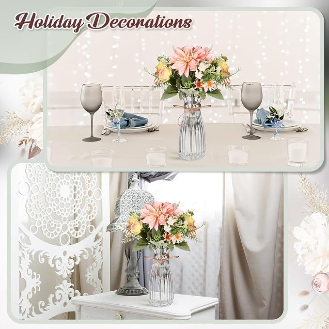 Reallnaive 30 Pack Artificial Flowers Table Centerpieces Decorations with Plastic Vase Wedding Mason Jar 20 Bundles Silk Floral Bouquet 10 Clear Vase with Rope for Party Decor(Dahlia,Champagne)