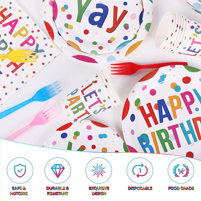 Happy Birthday Decorations - 156pc Birthday Party Supplies Set with Birthday Plates and Napkins, Happy Birthday Banner,Cups, Tablecloth(Serves 24)