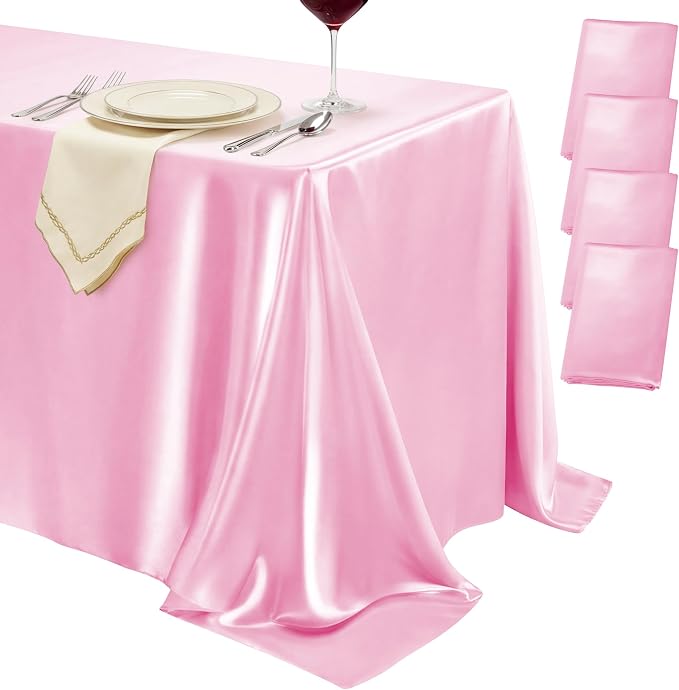 4 Pack Pink Satin Tablecloth 58 x 102 Inches, Rectangular Satin Table Cloths for Wedding Reception, Birthday Party, Graduation & Holiday Banquet Tables
