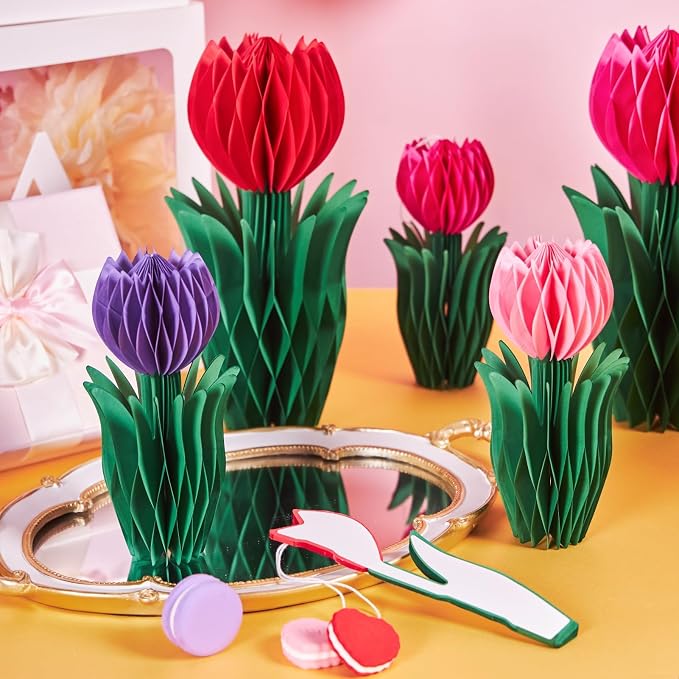 SUNBEAUTY 8 PCS Tulip Honeycomb Decorations, Spring Decorations for Office, Spring Table Decor, Red Tulip Honeycomb Flower Decorations Spring Centerpieces for Tables Mother Day Spring Party Womens Day