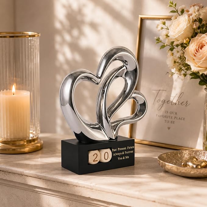 Ceramic Heart Sculpture with Date Blocks, Silver Hearts Statue for Home Decor, Romantic Valentines Day & Wedding for Couple, Shelf Mantel Tabletop Display (Silver)