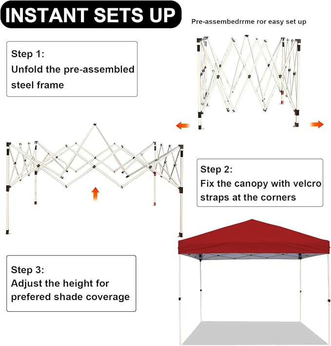 Northroad 10x10ft Pop Up Canopy, Popup Outdoor Canopy Tent with Wheeled Carrying Bag,Portable Gazebo Shelter for Patio,Deck,Garden,Beach（Red）