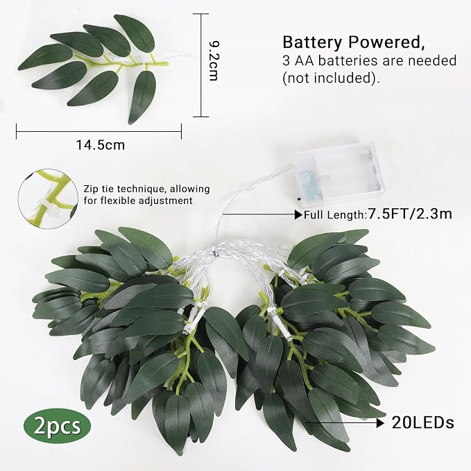 RECUTMS Willow Leaves String Lights 2Packs Artificial Leaf Rattan Light Hanging Vine 20LEDs Battery Operated Ivy Greenery for Home Wedding Party Wall Indoor Outdoor Decor
