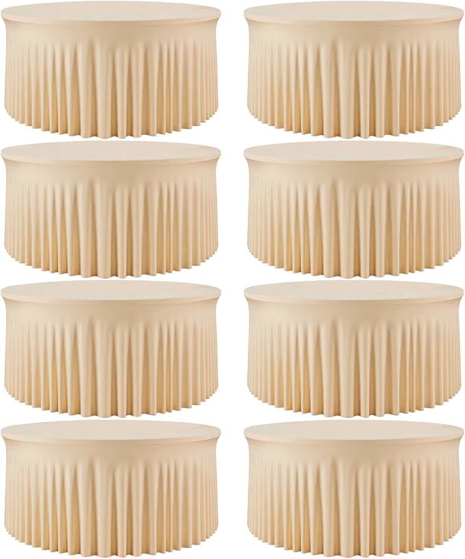 Champagne Round Spandex Tablecloth 6FT 8 Pack – Stretch Fitted Round Table Cover for 72 Inch Tables, Wrinkle Free Elastic Tablecloth for Wedding Reception,Bridal Shower,Banquet,Party Event