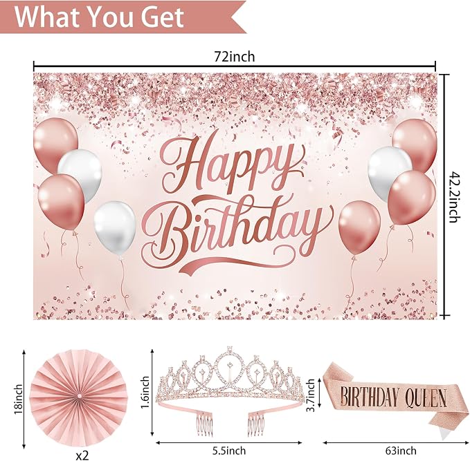 Trgowaul Birthday Decorations Party Set for Women Girls, Rose Gold Happy Birthday Banner, Sash and Tiara, Pink Balloons, Pink Party Supplies Ideas Decor for Her