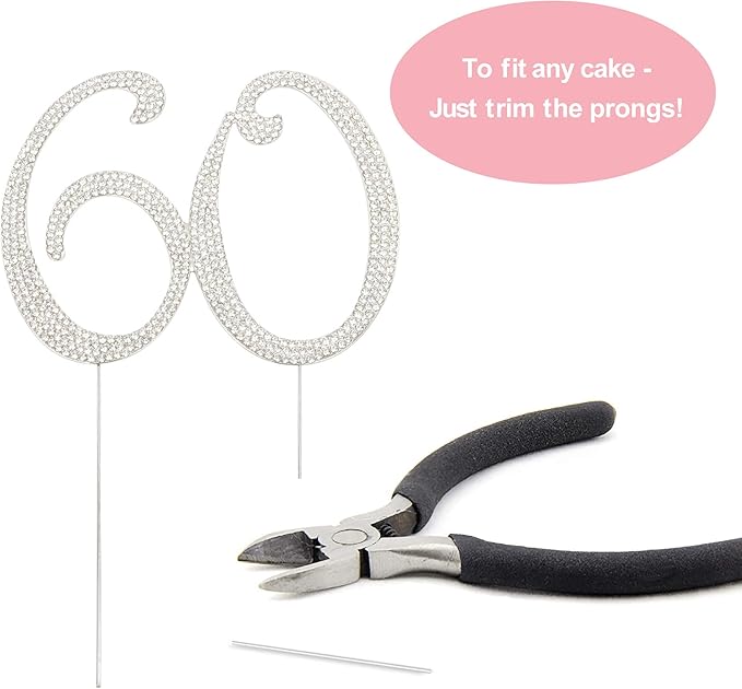60 Cake Topper - Premium Silver Metal - 60th Birthday or Anniversary Party Sparkly Rhinestone Decoration Makes a Great Centerpiece - Now Protected in a Box