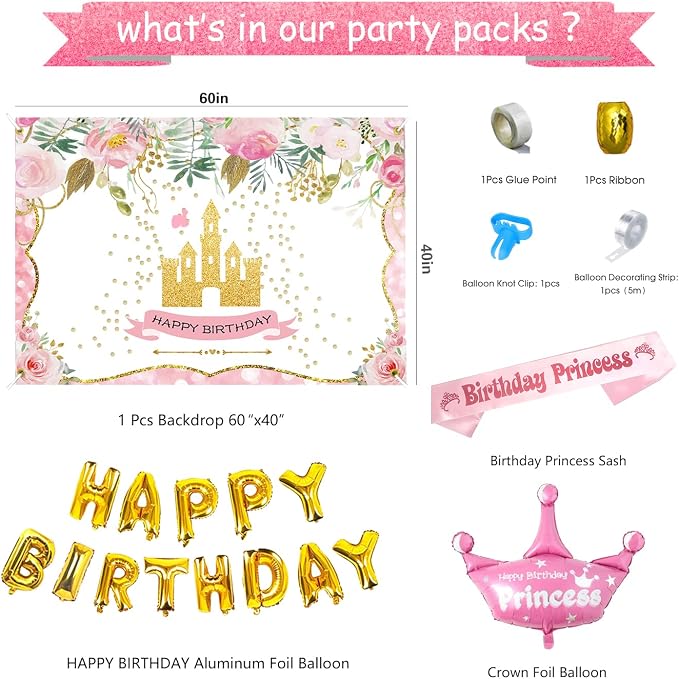 Princess Birthday Party Decorations for Girls Include Balloon Arch, Banner, Backdrop, Tablecloth, Tulle, Crown, Wand, Sash, Cake Topper Party Supplies