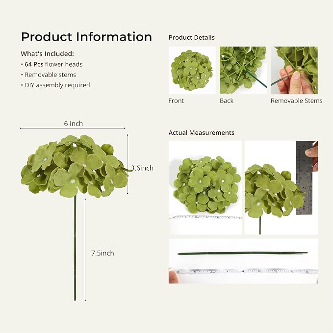 Auihiay 64Pcs Hydrangea Artificial Flowers Bulk, Faux Hydrangea Flowers Heads with Stems for Spring Wedding Garden Kitchen Counter Housewarming Home Party Decor(Mixed Green)