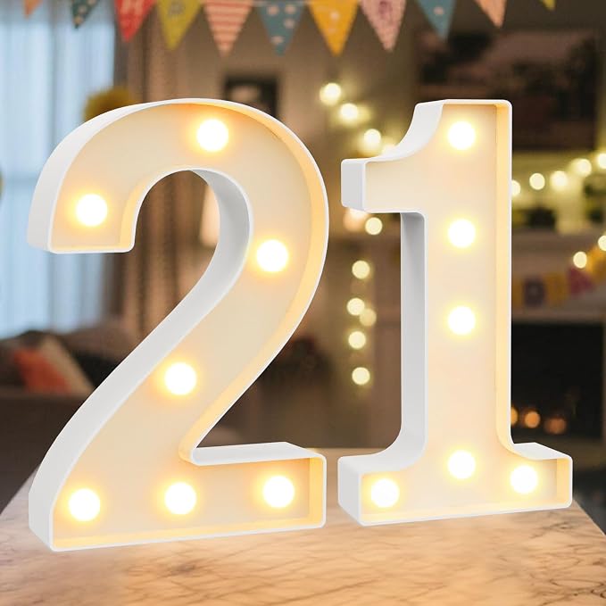 LED Marquee Light Up Numbers Sign - Lighted Birthday Numbers Sign for 21st Birthday Party Decoration, Bar Wall, Home, Table Room, Wedding and Christmas Decorations, Number 21