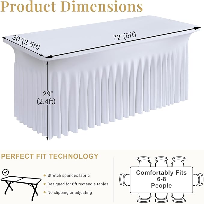 White Spandex Table Cloth for 6 Foot Rectangle Tables, 1 Pack Wrinkle Free Fitted Table Cover 6ft Tablecloth Stretchy Table Skirt for Parties Weddings Banquet Birthday Baby Shower