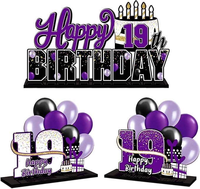 LINGTEER Happy 19th Birthday Purple Acrylic Table Topper Centerpieces Set - Cheers to Nineteen Years Old Birthday 19th Bday Party Gift Decorations.