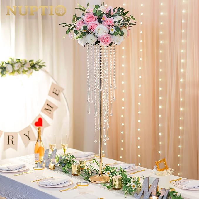 NUPTIO Wedding Centerpieces Gold Vases: 2 Pcs 39.4in Tall Crystal Flower Vase Metal Flowers Stand for Party Tables Decorations - Elegant Bulk Weddings Decoration Table Chandelier Centerpiece Stands