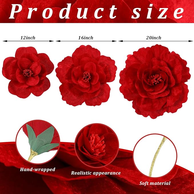 Norme 3 Pcs Giant Flowers for Decoration 12, 16, 20 Inch Large Artificial Red Velvet Rose Petals Giant Flowers Big Paper Red Peony for Wedding Arch Decoration Home Decor Anniversary Birthday