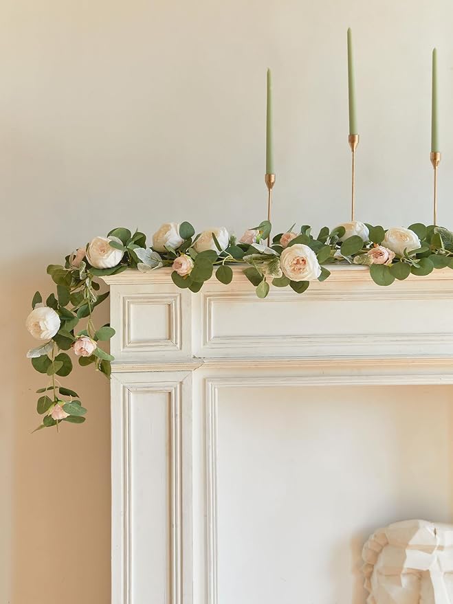 MISSPIN 2pcs Artificial Flowers Garland Spring Eucalyptus Garland Vintage Fake Flower Peony Rose Vine Greenery Decorative Wall Hanging Plant for Wedding Arch Door Arrangement Party Decor
