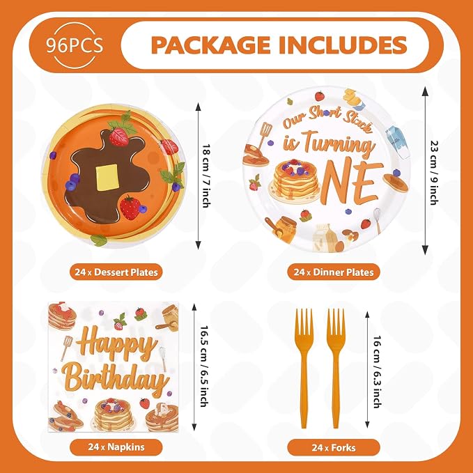 96Pcs Pancakes 1st Birthday Party Decorations Pancakes Plates and Napkins Our Short Stack is Turning One Tableware Set for Breakfast Brunch Supplies for Pancake 1st Birthday Party Supplies，Serves 24