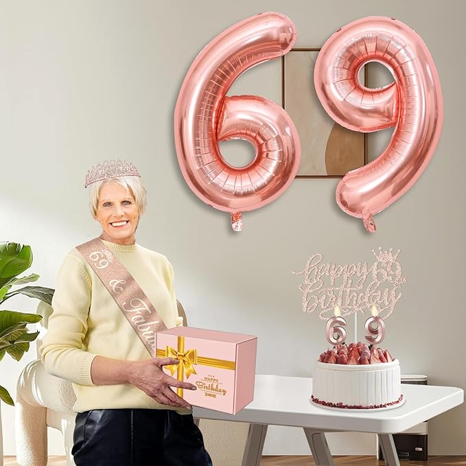 69th Birthday Decorations for Women, Including 69th Birthday Sash and Tiara, Cake Topper and Candles, Number Balloons, 69 Year Old Gifts for Women