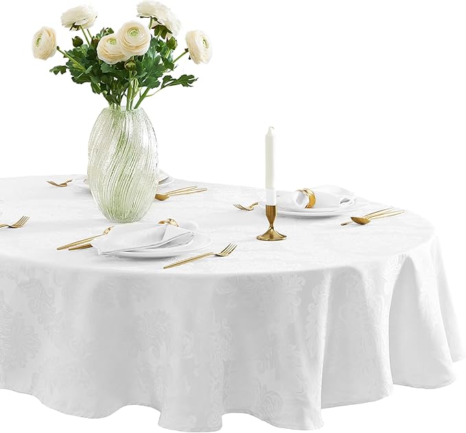 Newbridge Barcelona Luxury Damask Fabric Tablecloth, 60” Wide x 102” Oval, White, 100% Polyester, No Iron, Soil Resistant Dining Room, Party and Banquet Table Cover