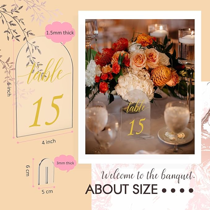 Vicenpal 4 x 6 Inch 30 Sets Acrylic Gold Table Numbers 1-30 Clear Table Signs Display Stand for Wedding Reception Event Party Centerpieces Decor